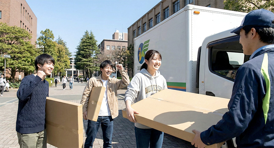 大判スチレンボードを運んでる学生の画像